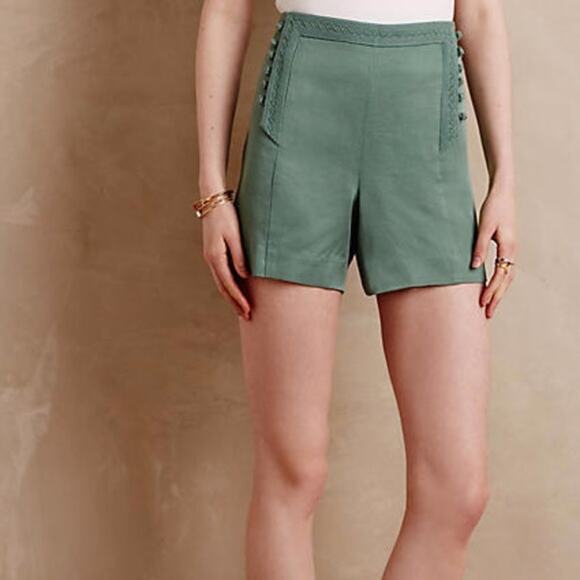 Elevenses Women’s High Waist Embroidered Buttons Flat Front Shorts Size 6P Green - Picture 1 of 5